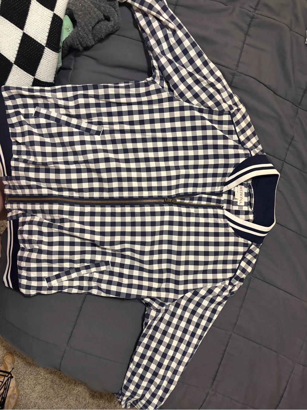 Merona Navy & White Gingham Bomber Jacket